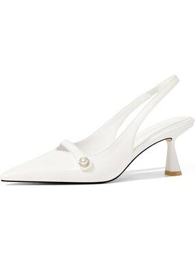Women's White Kitten Heel Slingback Low Heel Pumps Dress Shoes Pointed Toe Pearl